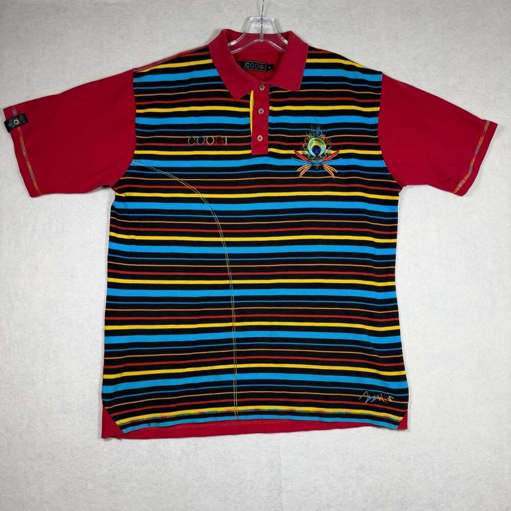 Vintage Coogi Mens XL Multicolored Striped Polo Shirt Peacock Embroidery